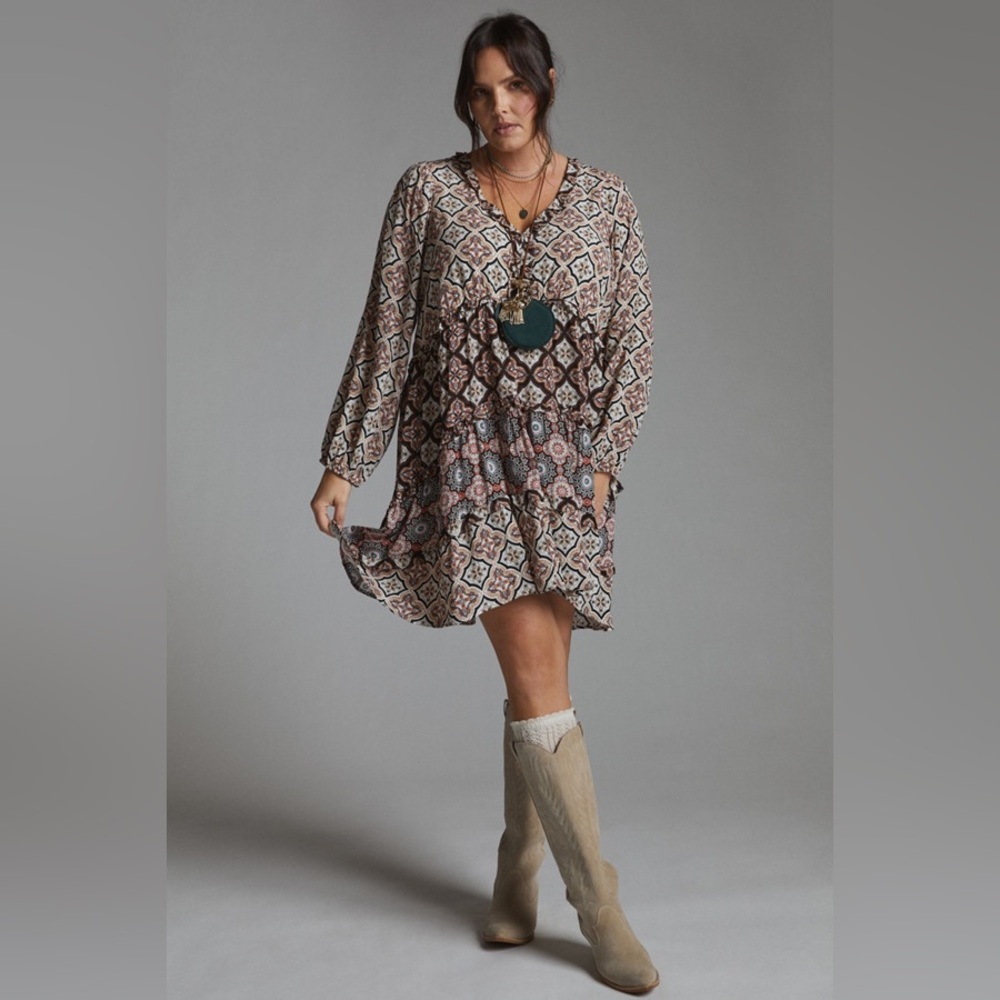 Anthropologie Tiered V-Neck Mini Dress Womens Medium Long Sleeve Boho - Picture 3 of 10